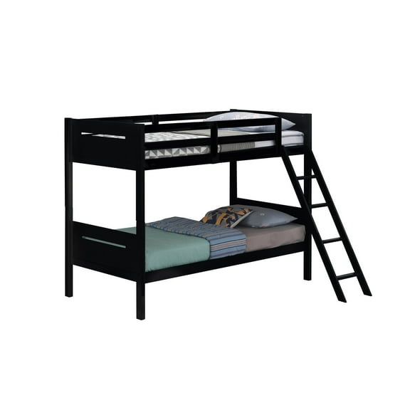 Benjara Amey Twin over Twin Bunk Bed, Guard Rails, Attached Ladder, Black Wood
