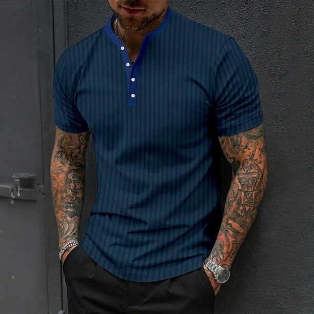 Ceisia Men's Relaxed Fit Stretch Stand-Up Collar Short Sleeve Shirt - Ribbed Texture with Contrast Trim Navy XXXL Gifts
