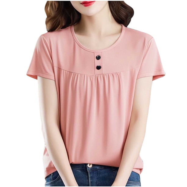 Tops de Manga Corta de Mujer Casual Botón de Color Sólido Plegado Cuello Redondo Suéter de Moda para el Hogar Y el Uso Diario