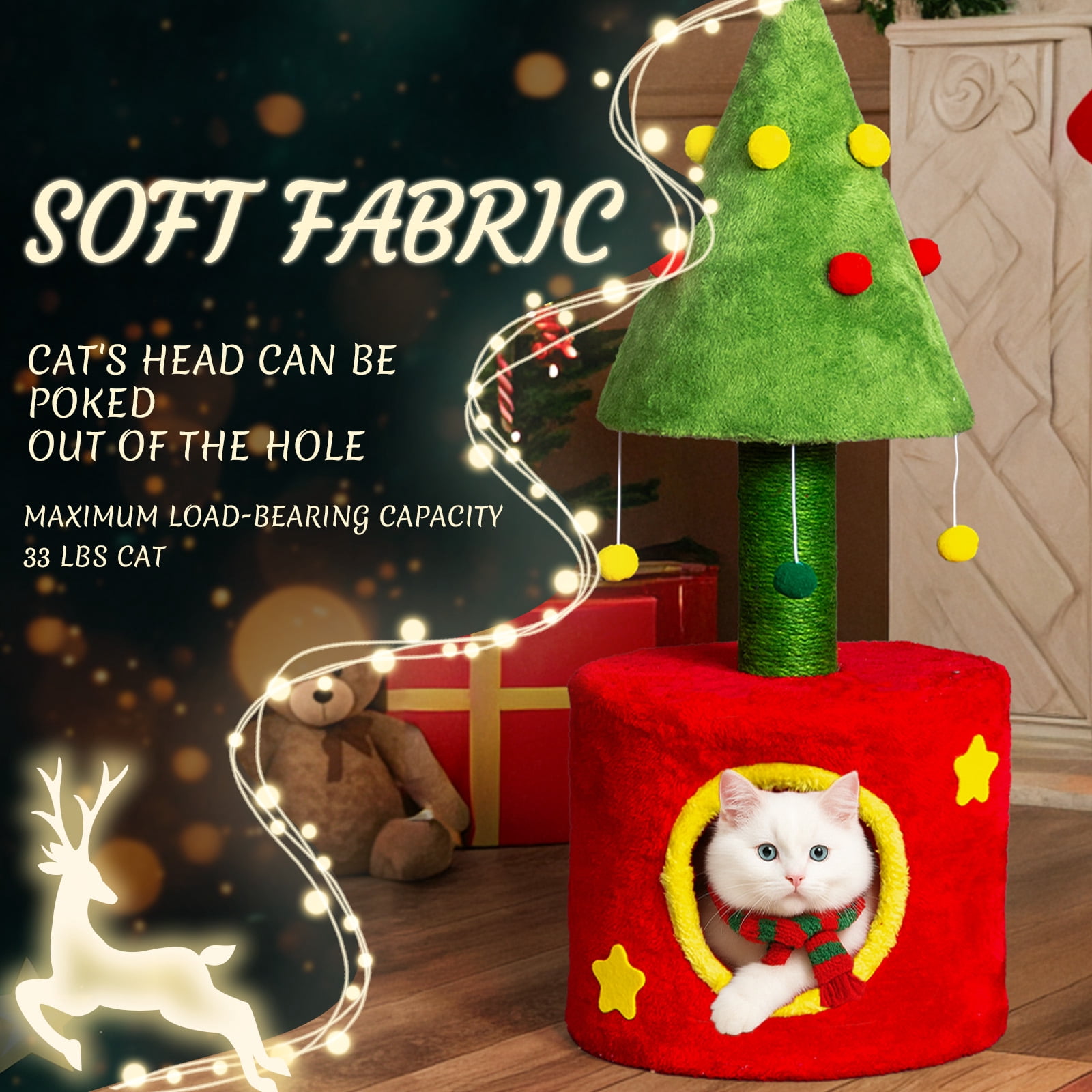 Ktaxon 30'' Christmas Cat Scratching Post with House, Sisal Tower & Hanging Balls for Indoor Kittens, Red & Green