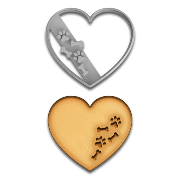 Dog Paws & Bones in Heart Cookie Cutter - 4x3.55 Inches, Perfect for Pet Lovers & Baking