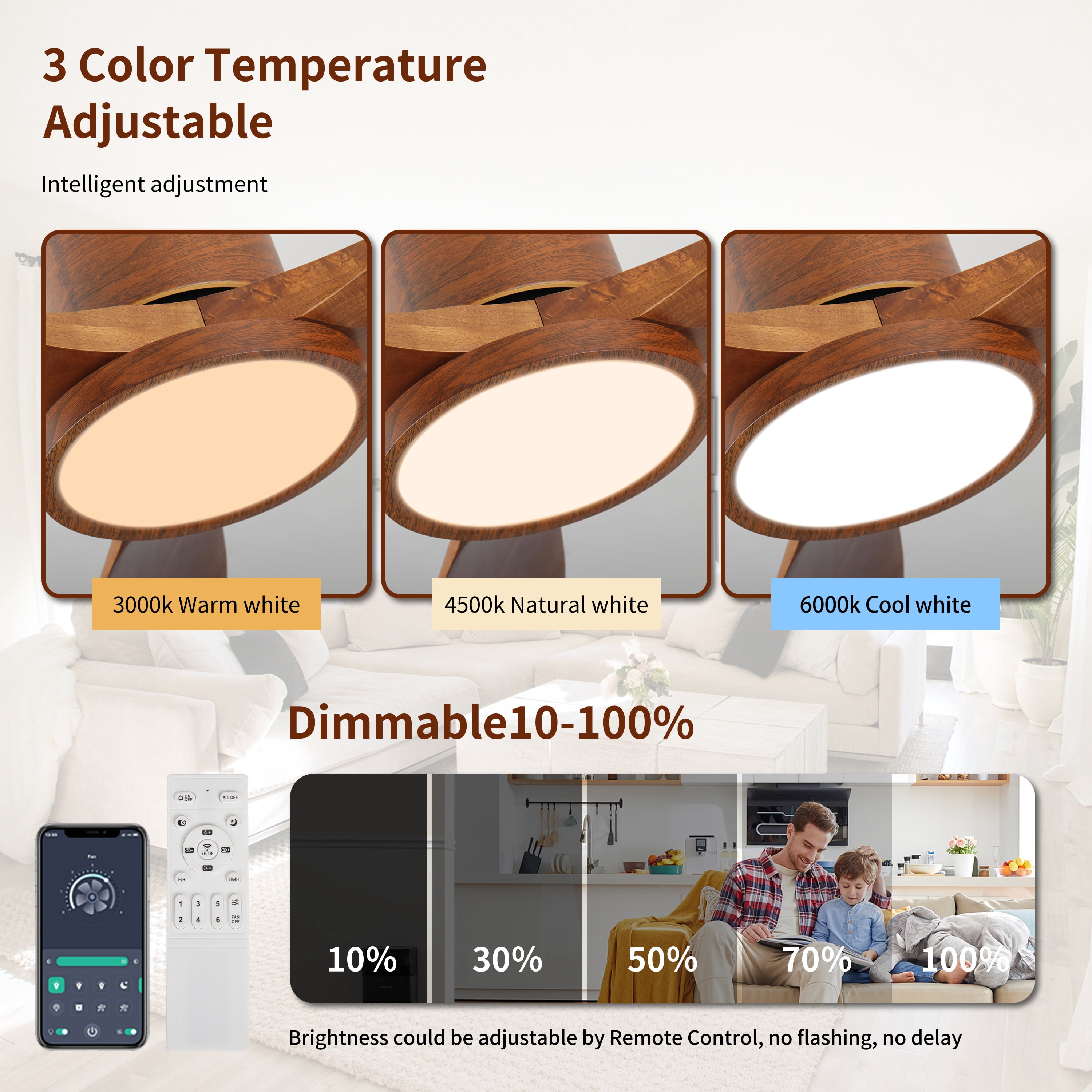 Noaman 52 Inch Wood Ceiling Fan with Light and Remote, Modern Low Profile DC Motor Fan, 6-Speed Reversible, Natural Wood for Bedroom/Outdoor/Patio