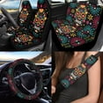 thumbnail image 2 of Uorisanigo Flower Skull Sugar 10 Pieces Automobile Seat Cover Sets with Car Steering Wheel Cover Car Seat Belt Cover Cars Water Cup Coaster Keychains Soft Anti-slip Auto Interior for Cars SUVs, 2 of 7