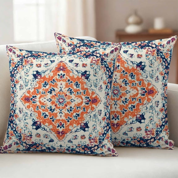 Pack of 2 Outdoor Pillow Covers 18x18 Inch Waterproof Boho Orange Blue Throw Pillow Covers,Decorative Couch Pillow Shams Protectors Ethnic Vintage Geometric Art Boho Patio Pillowcases Cushion Covers
