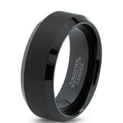 Charming Jewelers Tungsten Wedding Band Ring 8mm for Men Women Comfort Fit Black Beveled Edge Polished Brushed Lifetime Guarantee Size 15