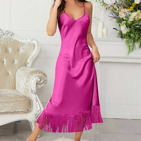 

Xysaqa Summer Dresses For Women 2023 Satin Wrap Spaghetti Straps Long Dress Sexy V Neck Soft Smooth Dress With Tassels Nightgowns For Women On Clearance (Hot Pink)