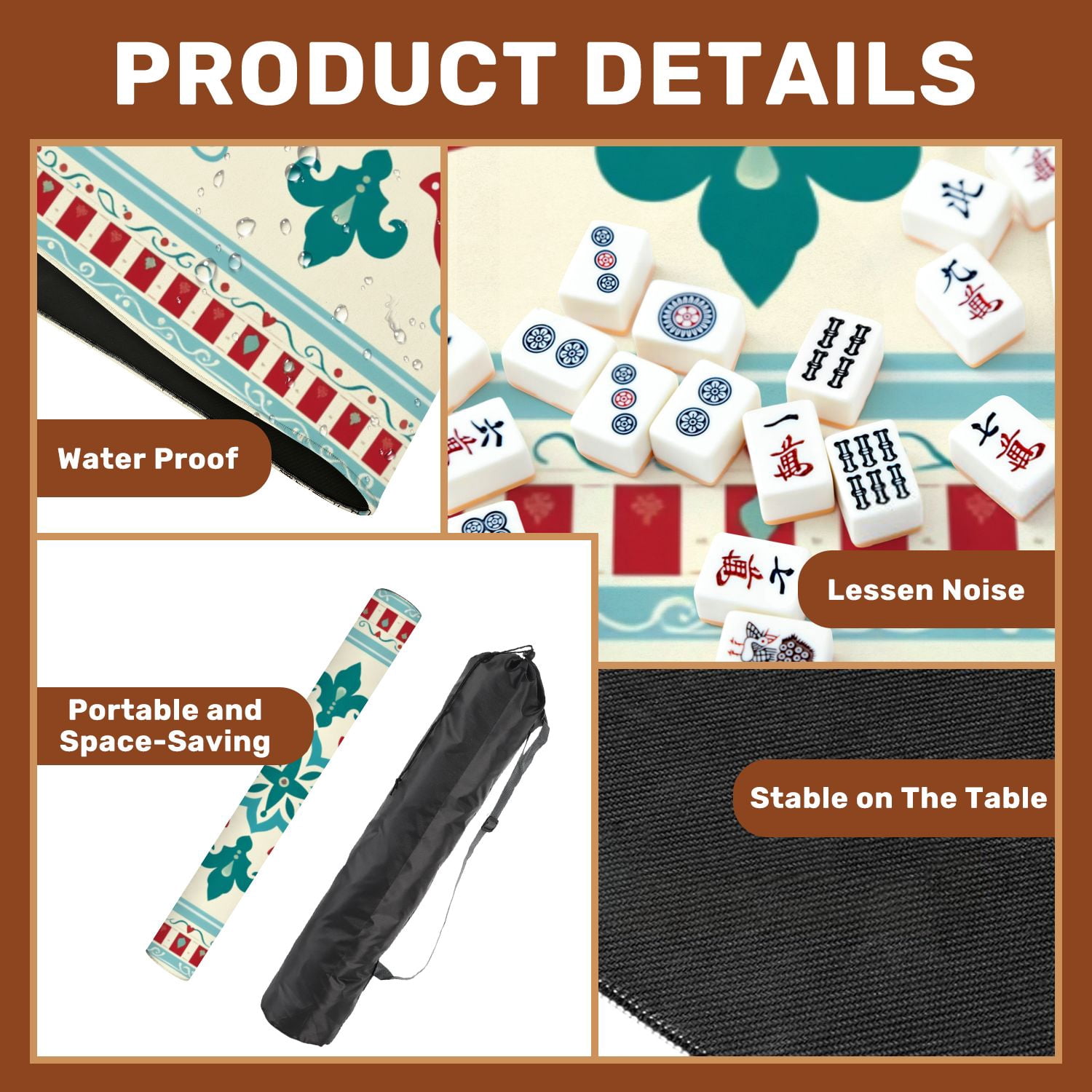 Mahjong Mat 31.5" x 31.5" Floral Geometric Red Teal Ornamental Motifs Decorative Borders Non-Slip Noise Reduction American Mahjong Tiles Table Cover for Dominoes Poker Card Board Games Gift