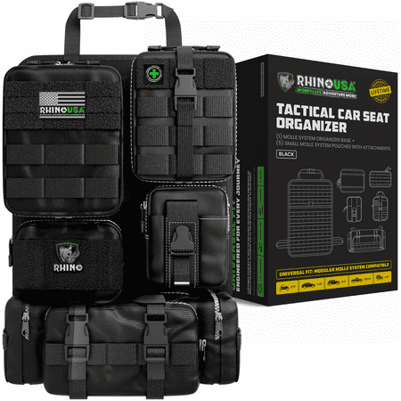 Rhino USA Tactical Car Seat Organizer w/ Multiple Pockets & Car Accessories for SUV, Truck, Car (Black)