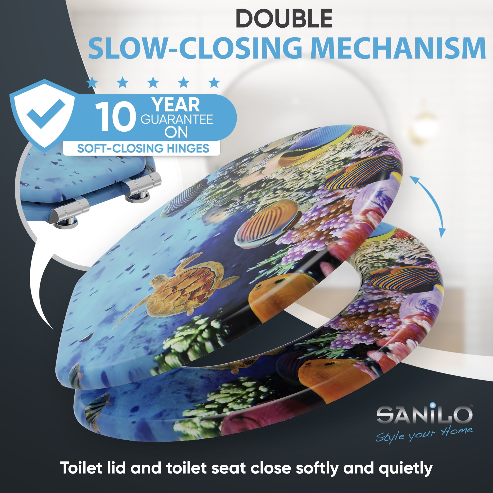 Sanilo Soft Close Toilet Seat ROUND, Quiet and Slow Close Lid and Seat, Strong Bumpers and Hinges, Ocean