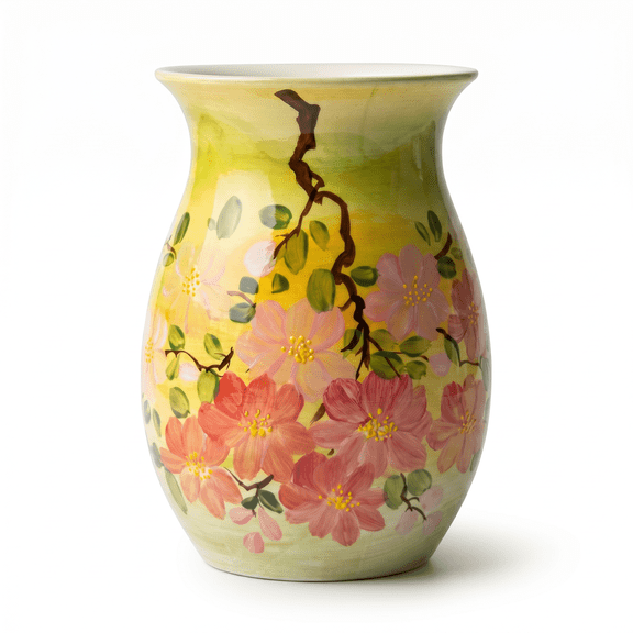 EFISPSS 8 inch Glossy Ceramic Vase, Hand-painted Pink Blossom Branch, Yellow Green Gradient Vintage Decor