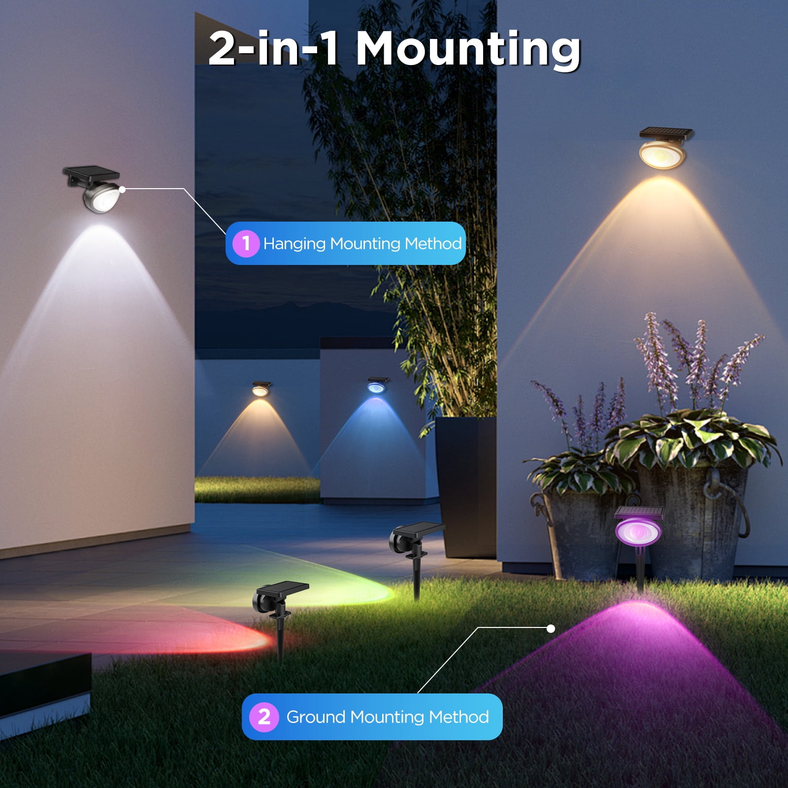 Solar Spot Lights Outdoor Waterproof, 2 Pack Solar Powered Landscape Spotlights with 3 Lighting Modes for Yard Garden (RGB Light)