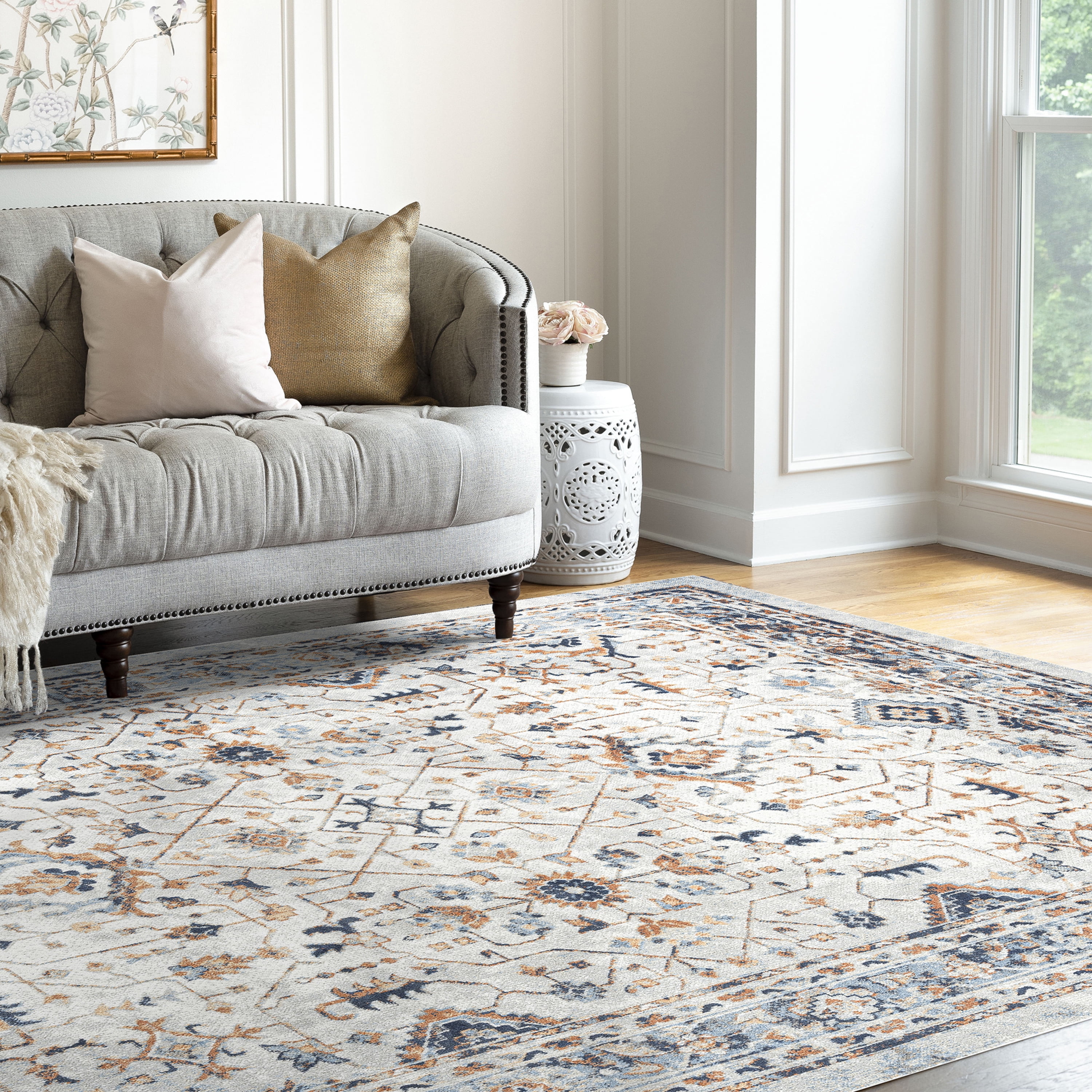 Traditional 9x12 Area Rug (8'9'' x 11'3'') Border Cream, Cream Living Room Easy to Clean