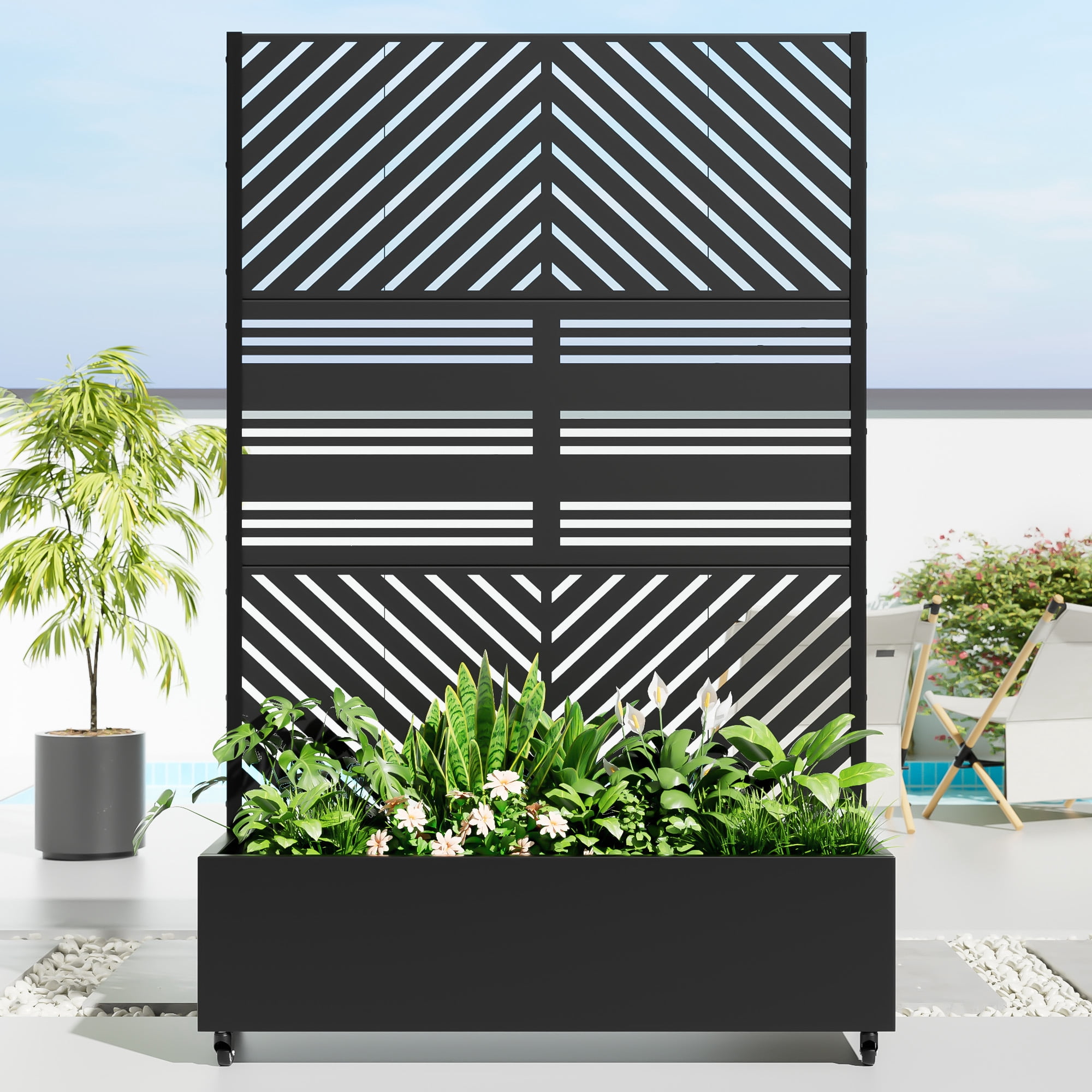 MAYEERTY 47*16*72" Outdoor Black Metal Planter Box with Trellis for Climbing Plants, Parallel Pattern Panel