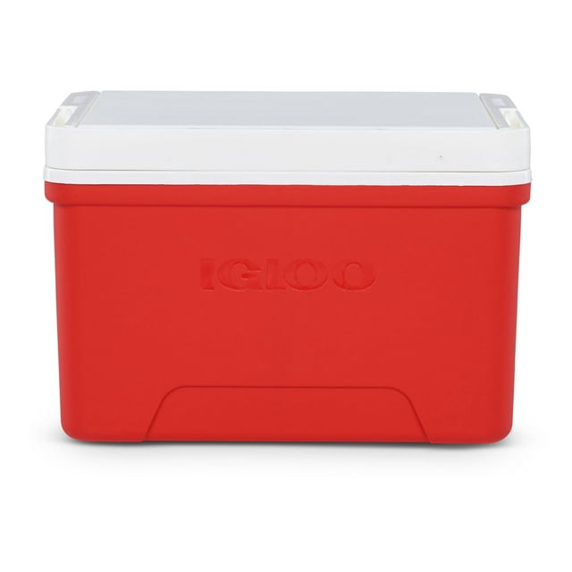 Red and white Igloo Laguna 9 quart cooler with embossed logo, designed for keeping food and drinks cold.