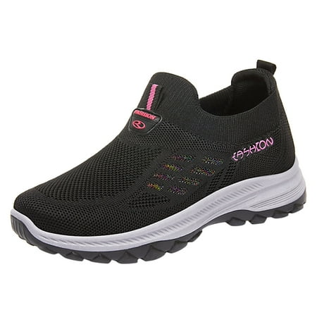 

On Running Shoes Women Fashion Autumn Women Sports Shoes Flat Non Slip Slip On Fly Woven Mesh Breathable Solid Color Simple sneakers for Women MESH Black