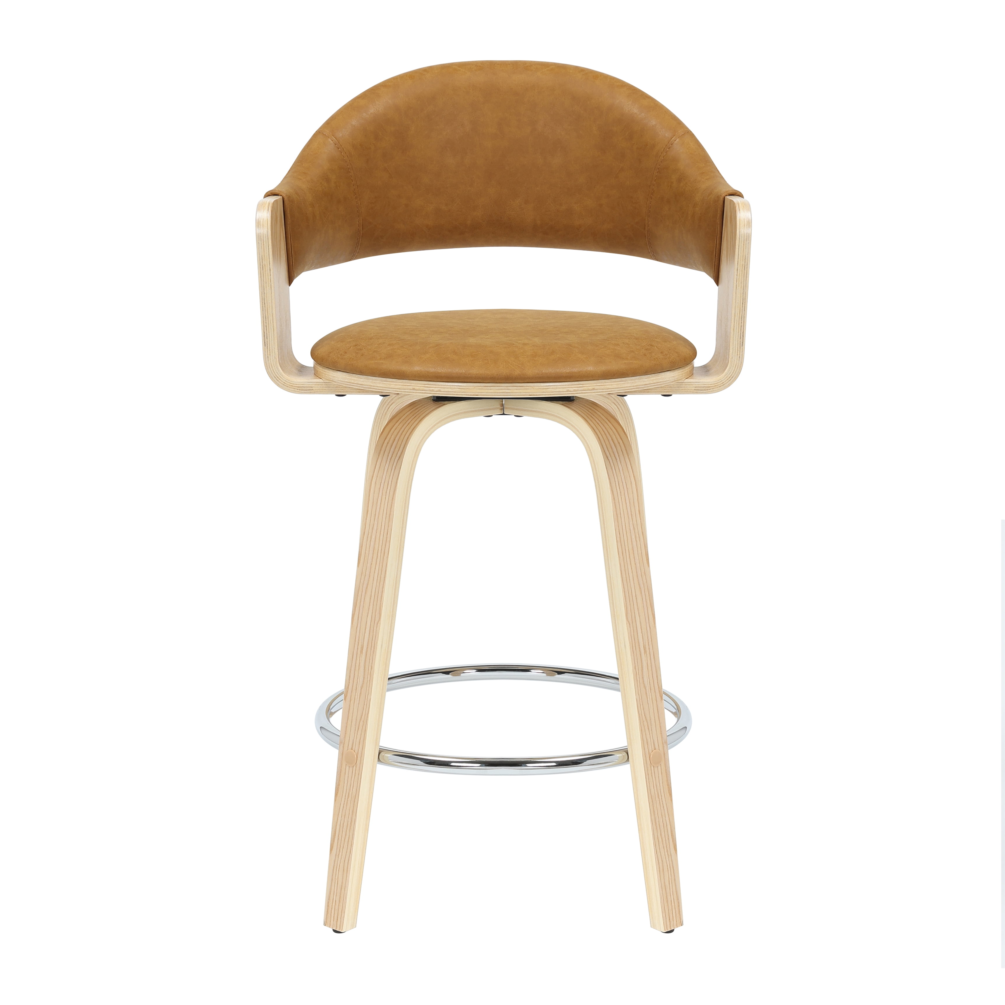 Daxton 36 in. H Swivel Counter Height Camel Round Back Wood Bar Stool with Faux Leather Seat Set of 3