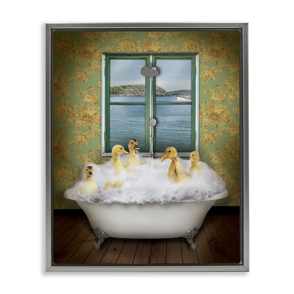 Ducks Bathing Tub Ocean View Animals & Insects Graphic Art Luster Gray Framed Art Print Wall Art