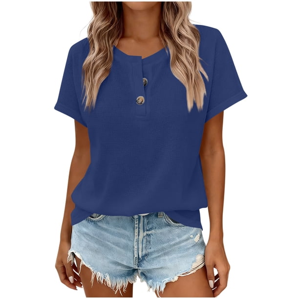 Camisas de Manga Corta para las Mujeres Casual Botón de Color Sólido Cuello Redondo Camisa de Manga Corta de Tamaño Grande Verano Camisas de Manga Corta para las Mujeres