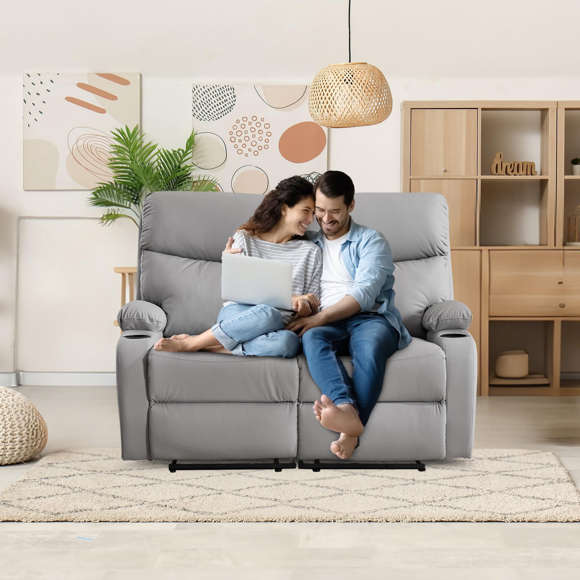 2-Seater Faux Leather Double Recliner Couch with Storage Pockets for Couples Movie Nights Light Grey Reclining Loveseat Sofa Cozy Living Rooms