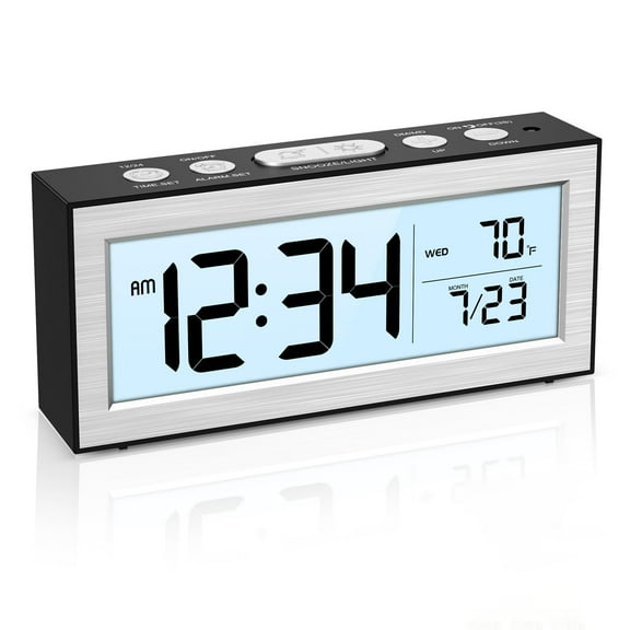 Onekawa Battery Powered Alarm Clocks, Travel Alarm Clock with LCD Display, 12/24H, 5-Min Snooze, Bedside Clock with Auto Dimming Function and Working Mode, Suitable for Bedroom, Office, Travel