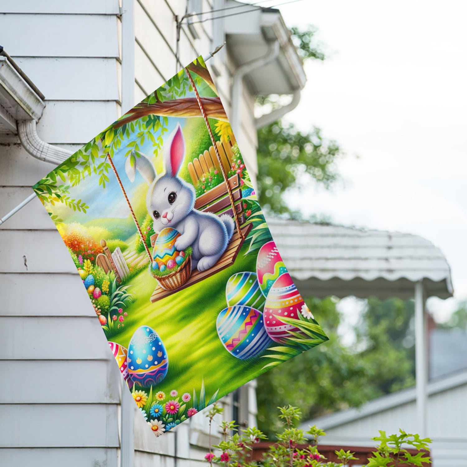 America Forever Easter Bunny House Flag 28 x 40 inch Double Sided Rabbit Egg Hunt Swing Cute Hare Farmland Small Spring Holiday Seasonal Easter Day Flags for Outdoor Yard Lawn Decoration