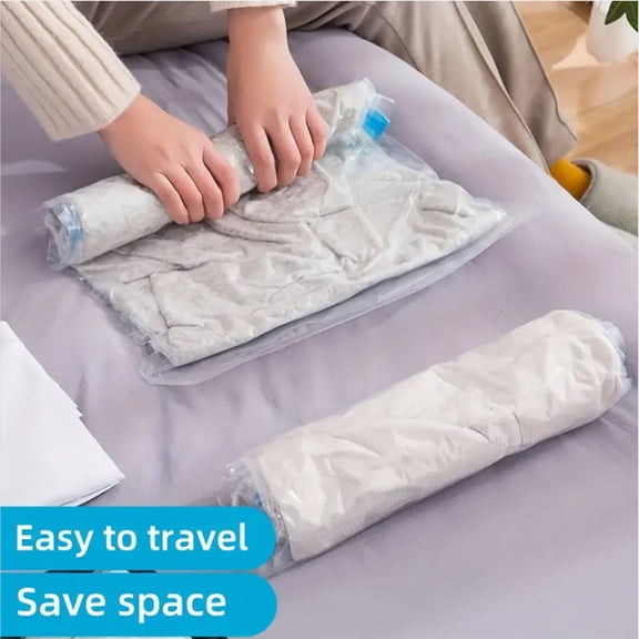 Vacuum Storage Bag for Clothes & Quilts | Hand-Rolled Space Saver, Portable Travel Compression | Thick PE PA Material, Moisture-Proof Seal | Small, Medium, Large Sizes | No Pump Needed