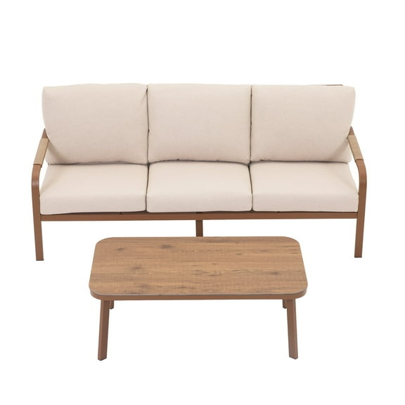 3-Piece Patio Furniture Set for 3 People, All-Weather Rattan Aluminum Outdoor Sofa Set with Coffee Table, Ideal for Backyard, Patio, Poolside, Beige