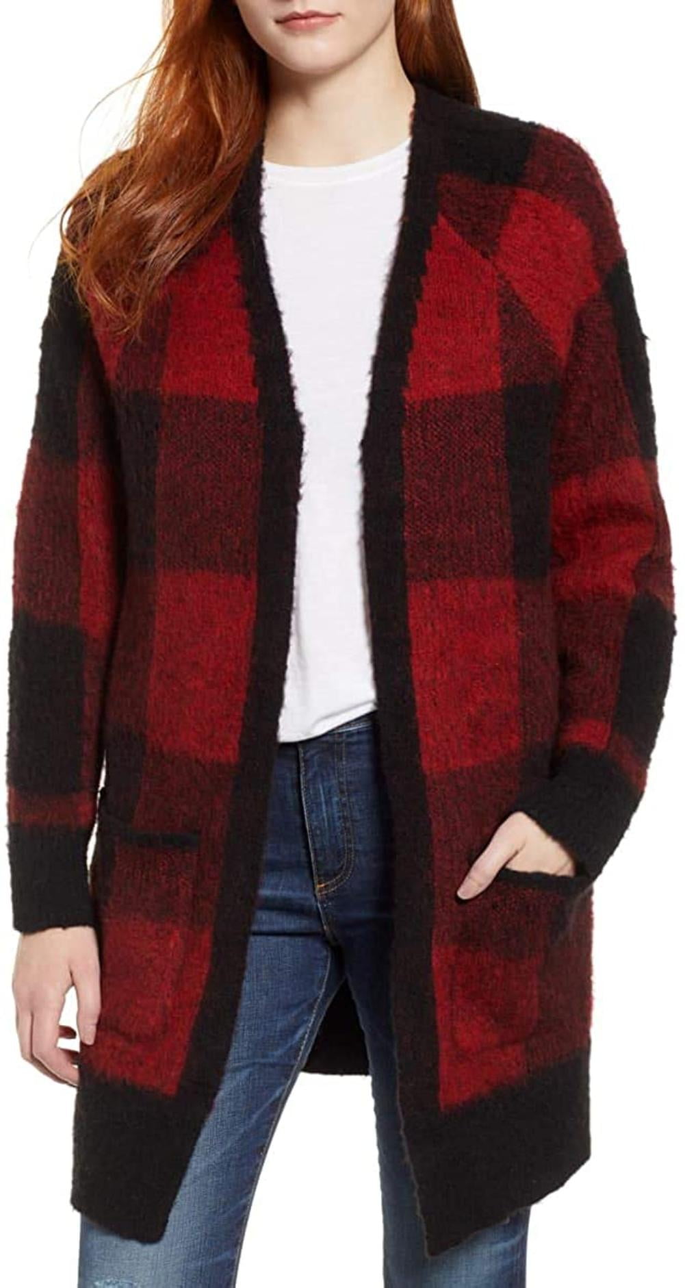Buffalo Plaid Cardigan Sweater, red 