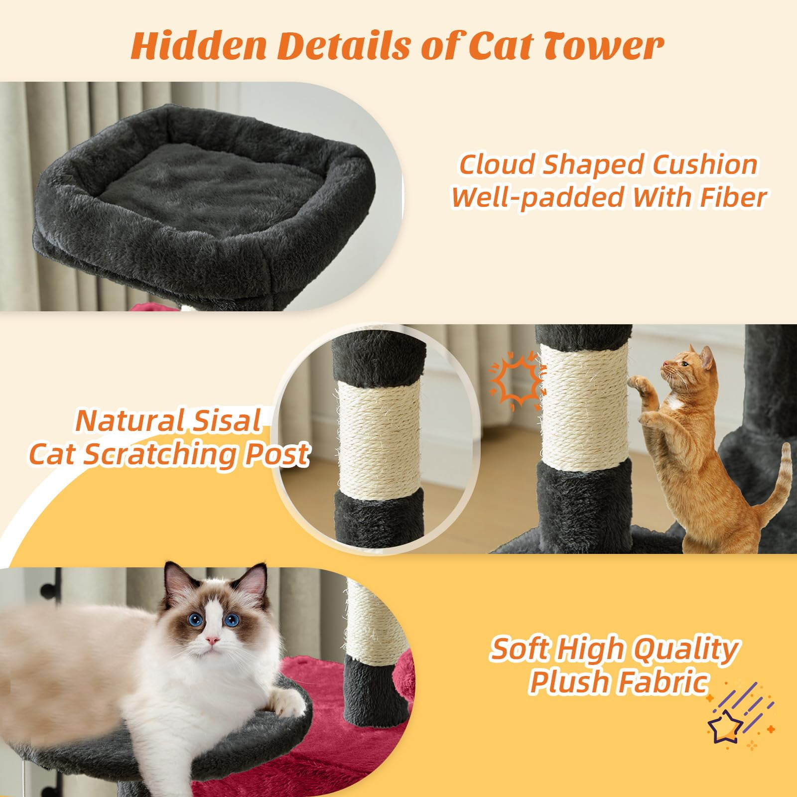 Atilioo 44 inch Cat Tree, Multi-Level Indoor Cat Tower with Condo, Hammock, Sisal Scratching Posts, Anti-Tip Bolts for Indoor Cats, Black Red