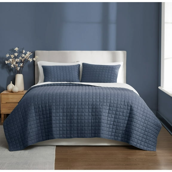 Brooklyn Loom Essential 100% Cotton Washed Softness 3-Piece King Quilt Set in Blue, Solid Color, OEKO-TEX Certified