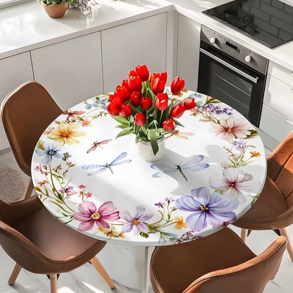 Pink Flower Elastic Fitted Round Tablecloth Colorful Wreath Waterproof Outdoor Table Cover for Holiday Party, Picnic, Patio & Dining Fits Tables Up to 36"-44"
