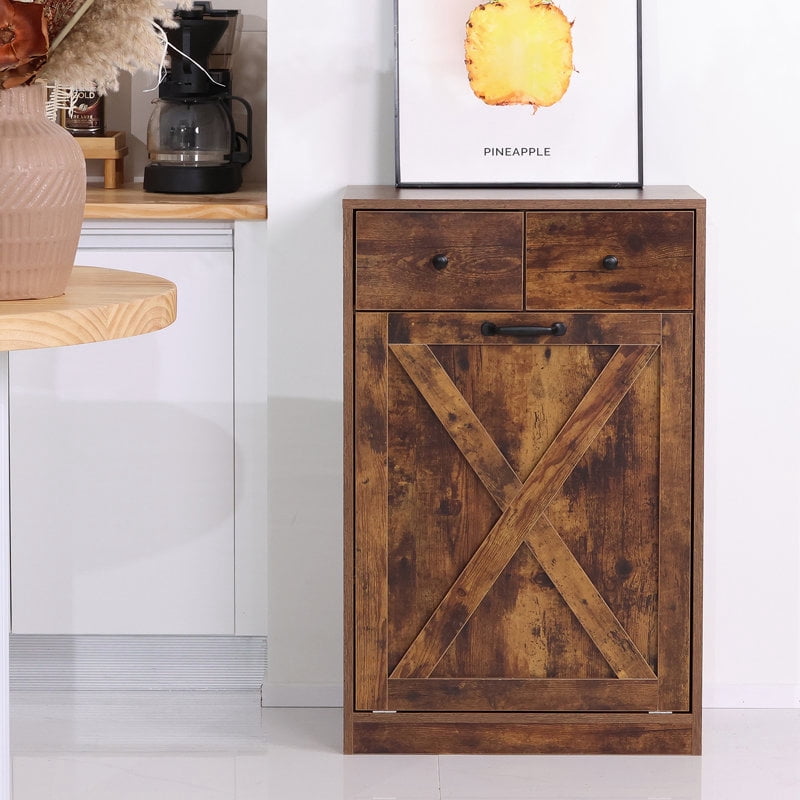 Tilt Out Trash Cabinet Free Standing with Drawer Trash Bin Storage Cabinet