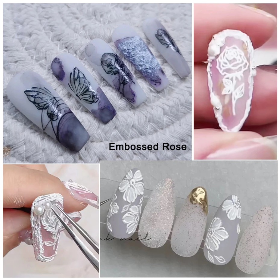 Flower Nail Art Sticker Decals 5D Exquisite Hollow Pattern Nail Art Supplies Self-Adhesive Embossed Nail Art Decoration White Feather Lace Flower Leaf Design DIY Acrylic Nail Art 3 Sheet