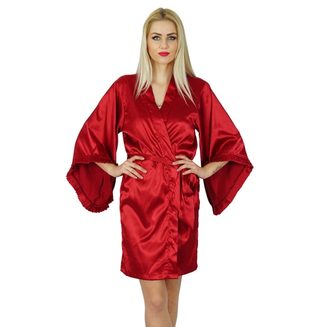 Bimba Women Kimono Sleeve Short Satin Robe Getting Ready Bride Bridesmaid Robe Coverup
