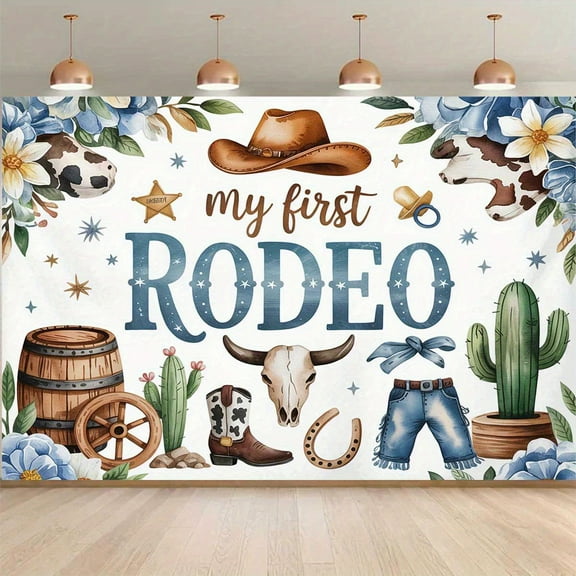 My First Rodeo Backdrop Cute Western Cowboy 1st Birthday Photography Background Blue Floral Wild West Rodeo Mexican Cactus Birthday Baby Shower Party Decorations Banner Supplies Photo Booth Props