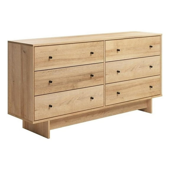 Maklaine 6-Drawer Dresser in Natural Oak Wide Chest of 6 Drawers with 6 Dresser