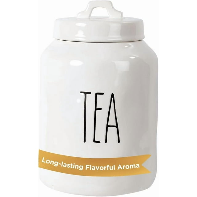 CHL-Ceramic Tea Jar, Modern Rae Dunn Farmhouse Design with "TEA" Wording, Kitchen Decor and Organization, Airtight Food Storage Container for Tea Leaves Storage, 9.5" H x 3.94" D, White