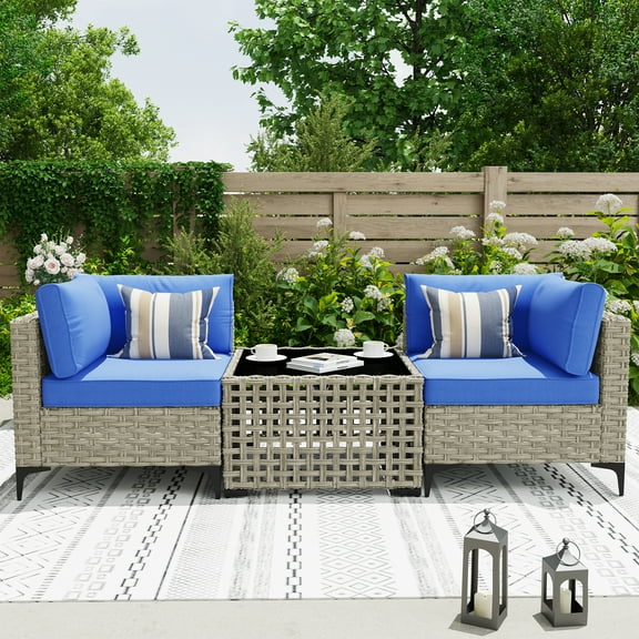 Ovios 3 Pieces Outdoor Patio Sectional Furniture Cushioned PE Rattan Wicker Chairs Conversation Set with Solar Lamps Coffee Table for Backyard