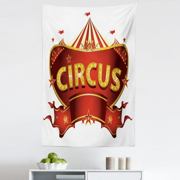 Circus Tapestry, Circus Sign Baroque Style Big Top Enjoyment Theme Marquee Nightlife Retro, Fabric Wall Hanging Decor for Bedroom Living Room Dorm, 5 Sizes, Yellow White Red, by Ambesonne