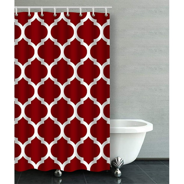 ARTJIA Deep Burgundy And White Moroccan Quatrefoil Pattern Bathroom