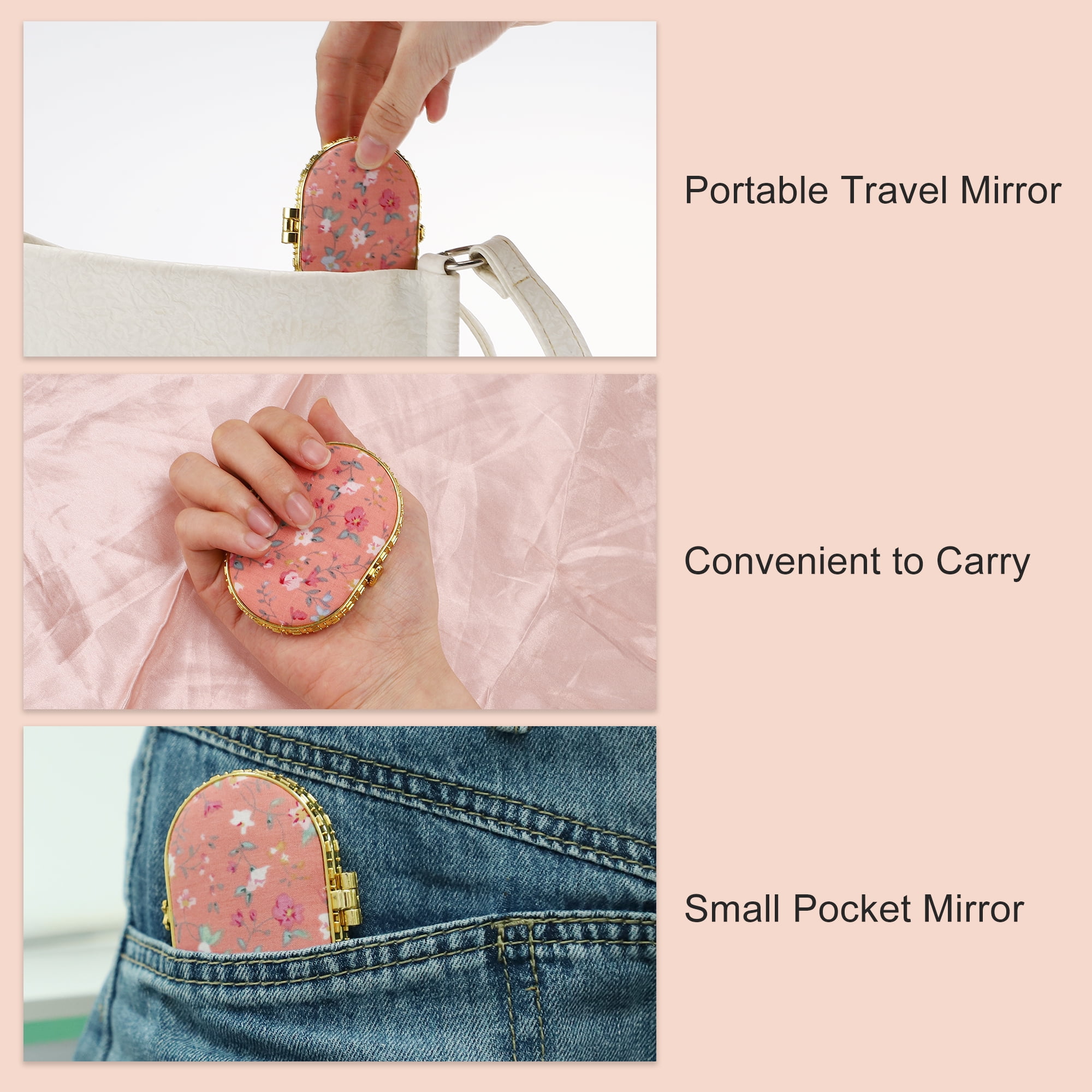Unique Bargains Floral Oval Mini Mirror for Purses Pink 1 Pc