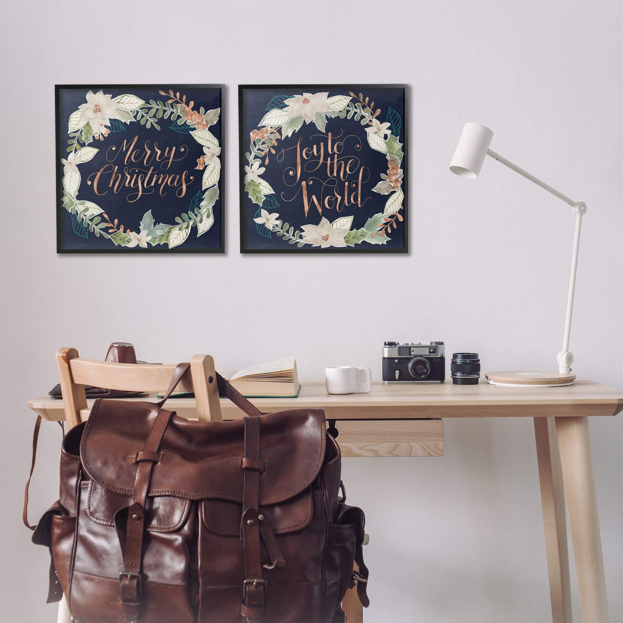 Stupell Industries Merry Christmas Joy Wreath Holiday Painting Black Framed Art Prints Wall Art, 17 x 17, Set of 2
