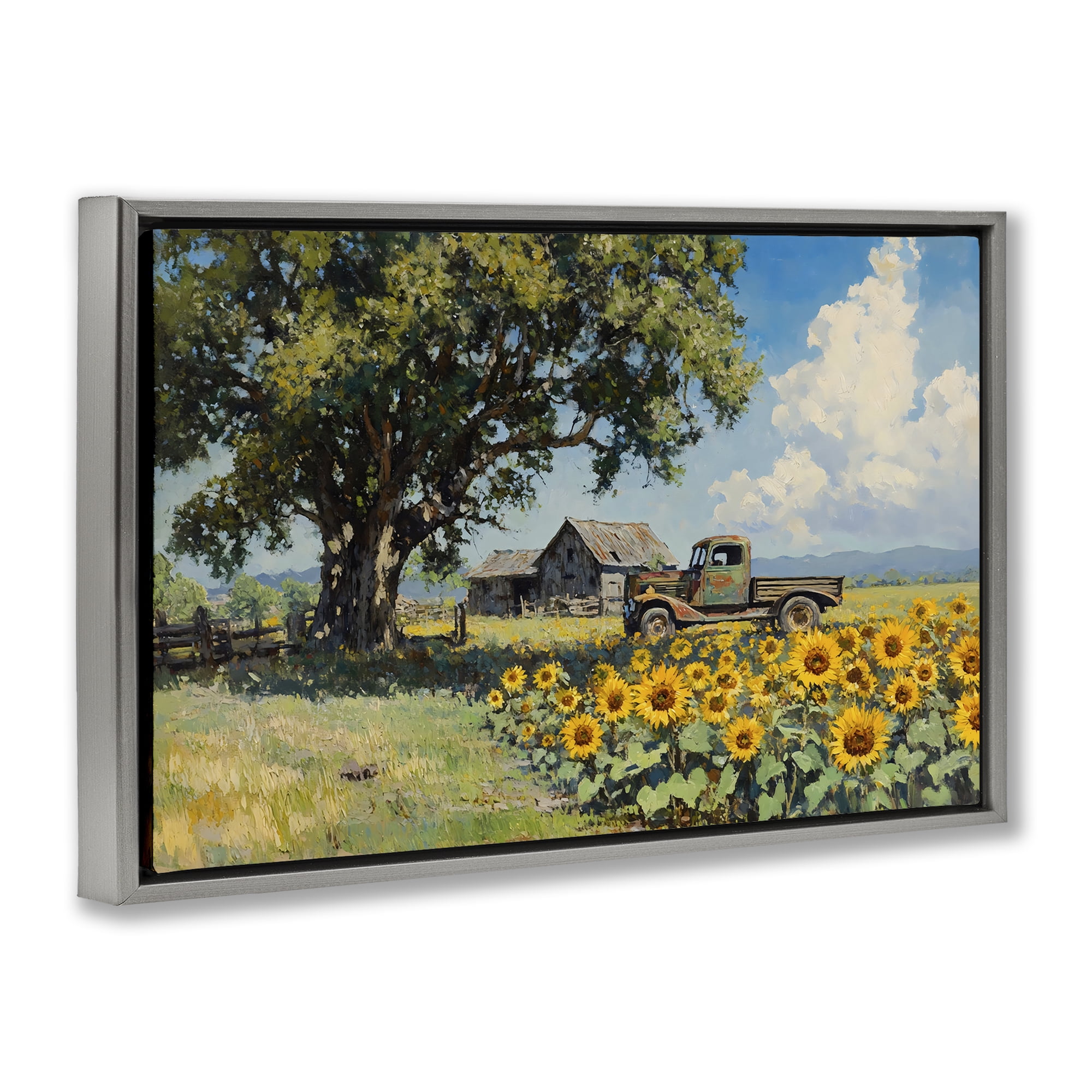 Stupell Industries Sunflower Pickup by Old Barn Gray Framed Floater Canvas Wall Art, design by Franklyn Gregory