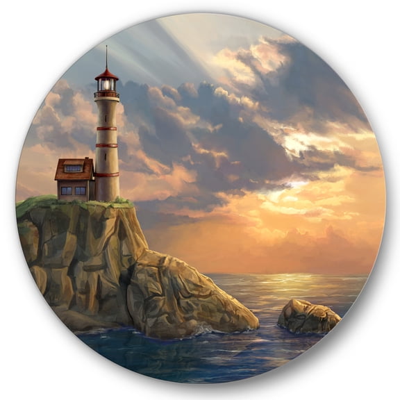 Designart 'Lighthouse On A Rocky Coastal Cliff At Evening Light' Nautical & Coastal Circle Metal Wall Art 36x36 - Disc of 36