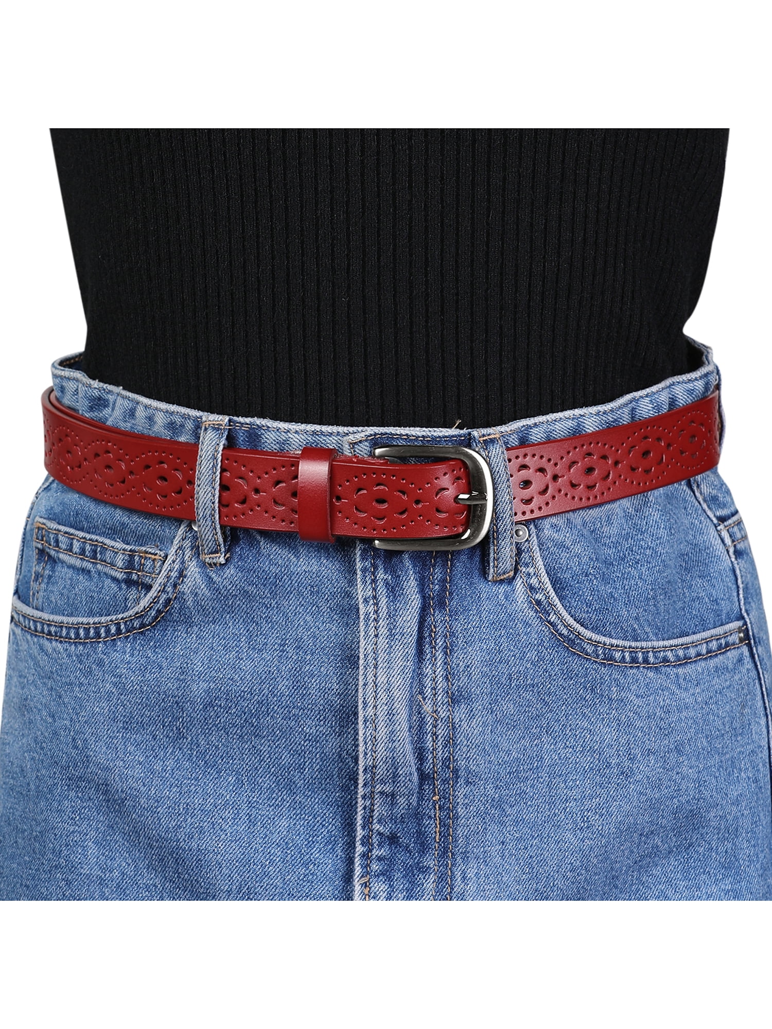 Unique Bargains Women's Vintage Hollow Floral Faux Leather PU Belt with Buckle