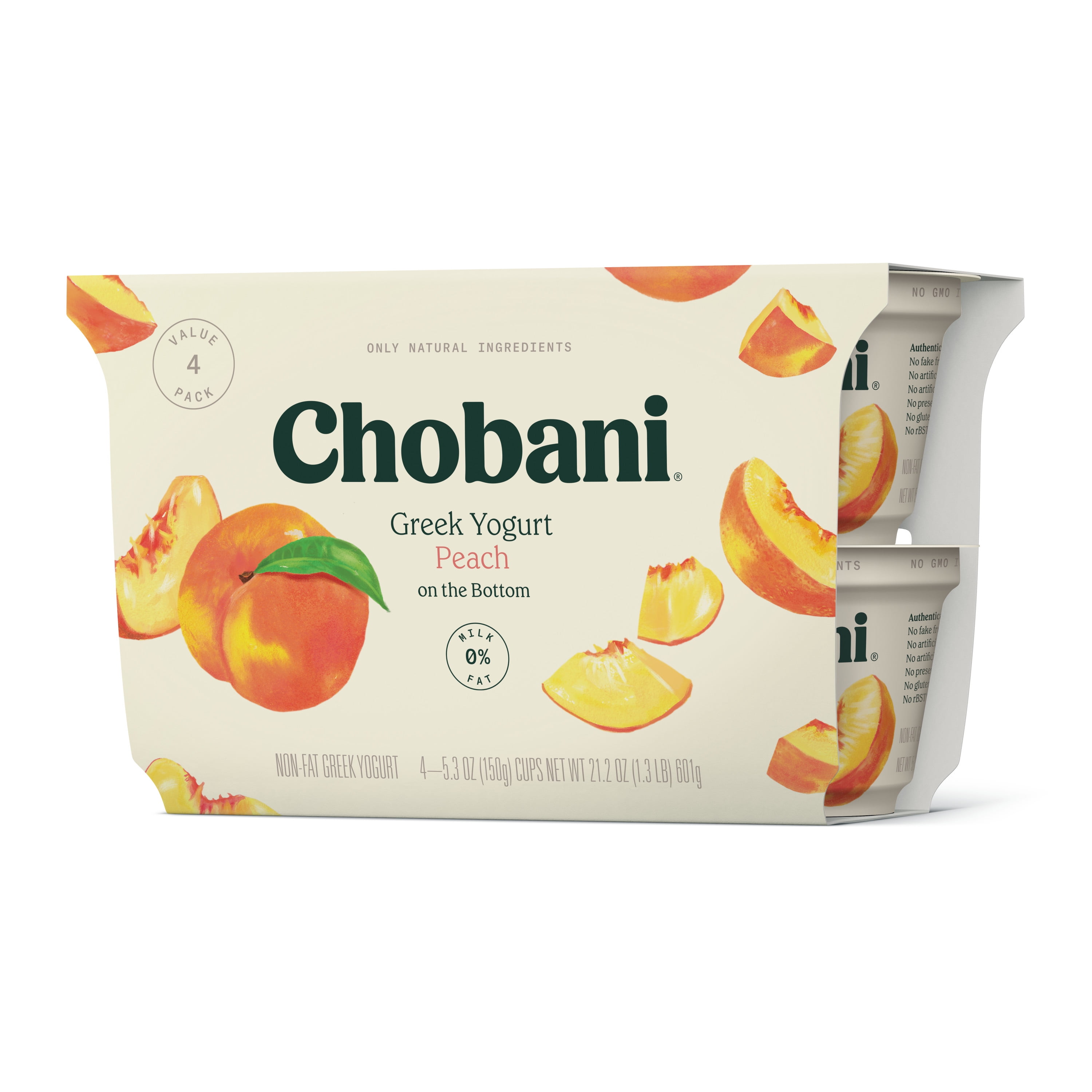 Chobani Non-Fat Greek Yogurt, Peach on the Bottom 5.3 oz, 4 Count