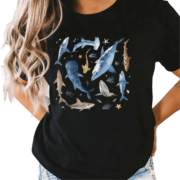 UNISHE Women's Black Watercolor Shark Graphic Short Sleeve T-Shirt Oversized Fit Top
