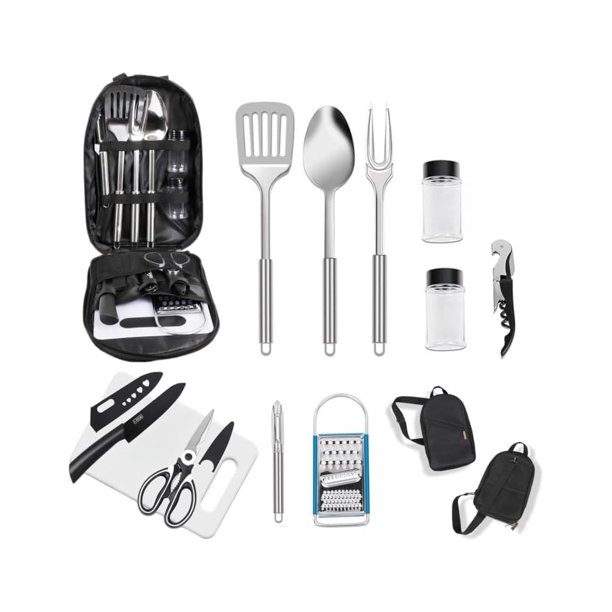 Juego de utensilios de cocina de camping de 12 piezas, utensilios de cocina portátiles para exteriores, para camping, caravana, mochilero y barbacoa, juego completo de equipo de cocina de campamento