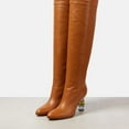 thumbnail image 5 of FSJ Women Sexy Round Closed Toe Over The Knee Boots Crystal Chunky Thigh High Boots Pull On Stretch Wide Calf Dress Long Boots Shoes Size 13 Brown, 5 of 5