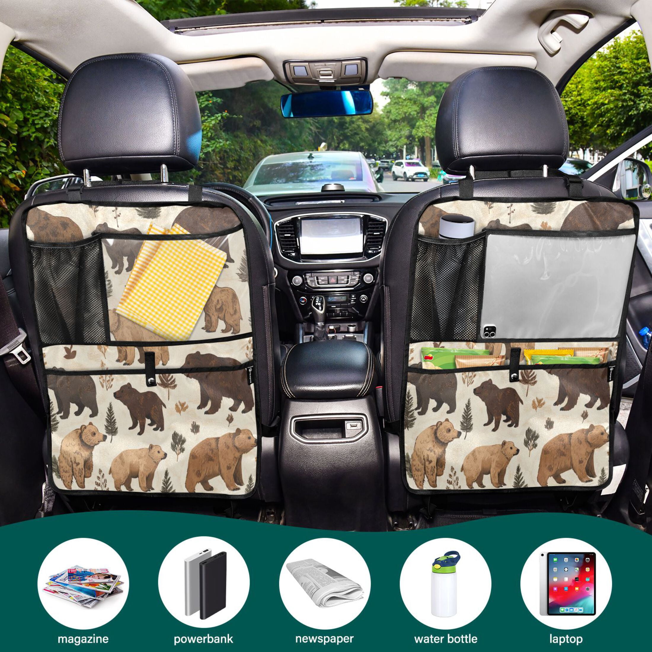 WOBOGO Brown Bear Backseat Car Organizer 2 PCS Footed Universal Car with Touch Screen Tablet Holder Rear Seat Protector